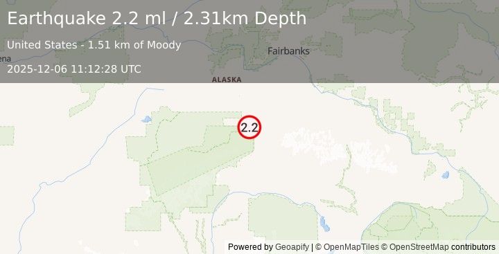 Earthquake 6 km NNW of Denali Park, Alaska (2.2 ml) (2025-12-06 11:12:28 UTC)