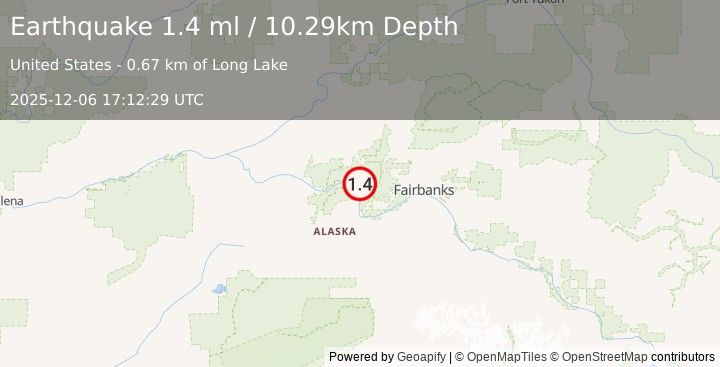 Earthquake 30 km SSE of Minto, Alaska (1.4 ml) (2025-12-06 17:12:29 UTC)
