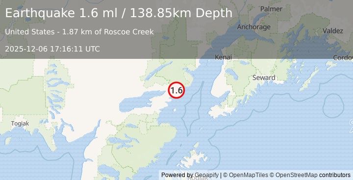 Earthquake 46 km E of Pedro Bay, Alaska (2.1 ml) (2025-12-06 17:16:10 UTC)