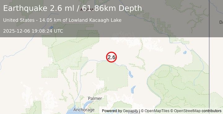 Earthquake 70 km SE of Cantwell, Alaska (2.6 ml) (2025-12-06 19:08:24 UTC)