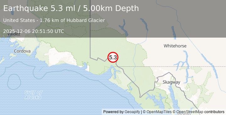 Earthquake 87 km NNE of Yakutat, Alaska (5.3 ml) (2025-12-06 20:51:50 UTC)