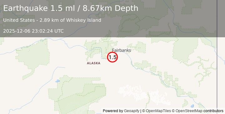 Earthquake 28 km SSW of Ester, Alaska (1.5 ml) (2025-12-06 23:02:24 UTC)