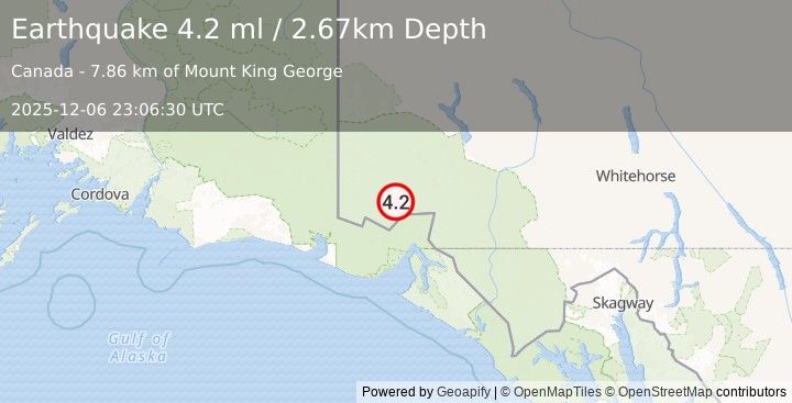 Earthquake 102 km N of Yakutat, Alaska (4.2 ml) (2025-12-06 23:06:30 UTC)