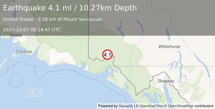 Earthquake 98 km N of Yakutat, Alaska (4.1 ml) (2025-12-07 00:14:47 UTC)