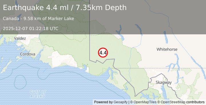 Earthquake 117 km N of Yakutat, Alaska (4.4 ml) (2025-12-07 01:22:18 UTC)