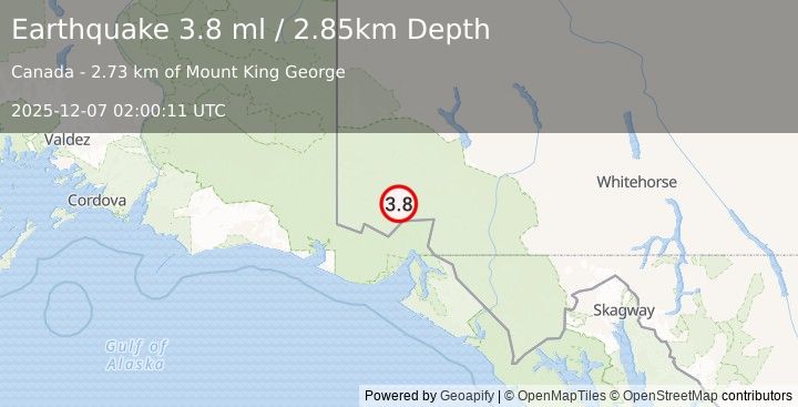 Earthquake 107 km N of Yakutat, Alaska (3.8 ml) (2025-12-07 02:00:11 UTC)