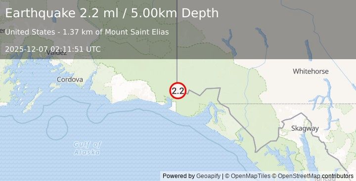 Earthquake 108 km NW of Yakutat, Alaska (2.2 ml) (2025-12-07 02:11:51 UTC)