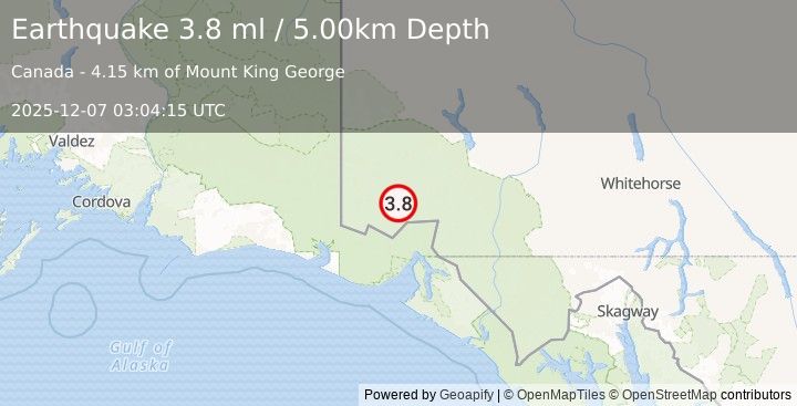 Earthquake 109 km N of Yakutat, Alaska (3.8 ml) (2025-12-07 03:04:15 UTC)