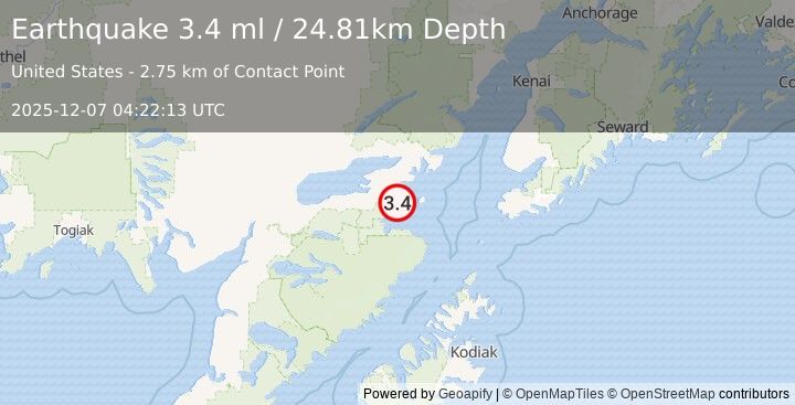 Earthquake 40 km SE of Pope-Vannoy Landing, Alaska (3.4 ml) (2025-12-07 04:22:13 UTC)