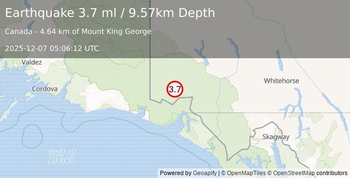 Earthquake 110 km N of Yakutat, Alaska (3.7 ml) (2025-12-07 05:06:12 UTC)