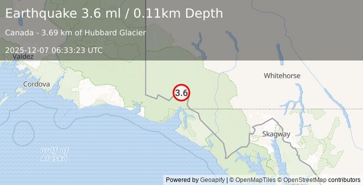 Earthquake 91 km N of Yakutat, Alaska (3.6 ml) (2025-12-07 06:33:23 UTC)