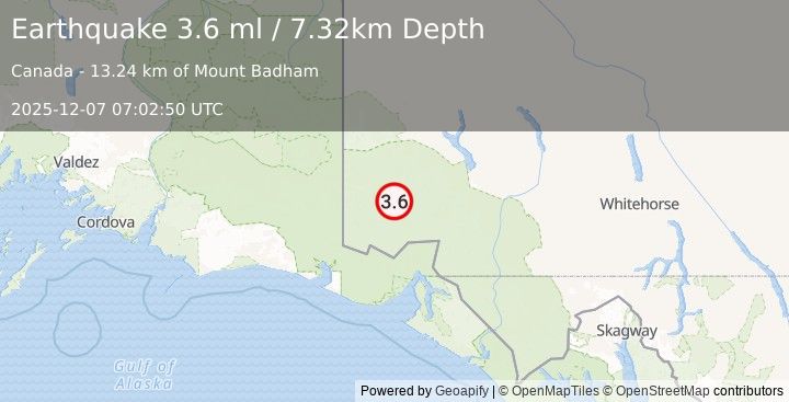 Earthquake 134 km N of Yakutat, Alaska (3.6 ml) (2025-12-07 07:02:50 UTC)