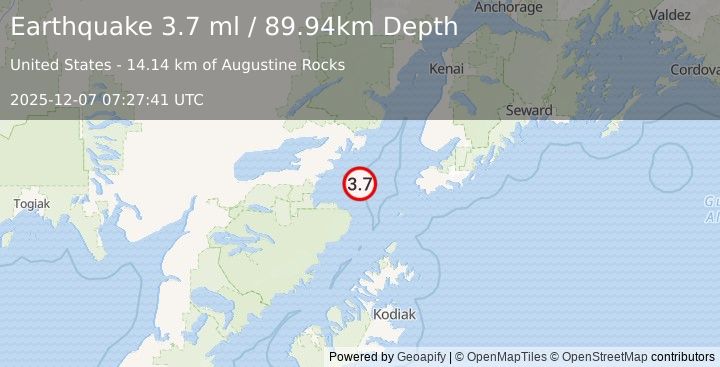 Earthquake 70 km W of Nanwalek, Alaska (3.6 ml) (2025-12-07 07:27:43 UTC)