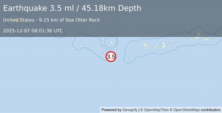 Earthquake 267 km WSW of Adak, Alaska (3.5 ml) (2025-12-07 08:01:36 UTC)
