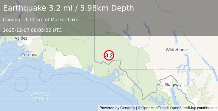 Earthquake 108 km N of Yakutat, Alaska (3.2 ml) (2025-12-07 08:05:22 UTC)