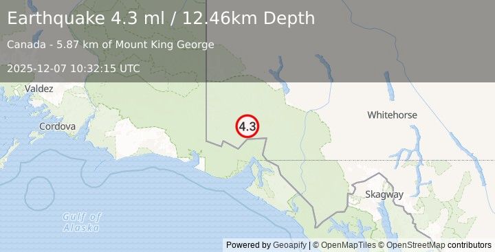 Earthquake 111 km N of Yakutat, Alaska (4.3 ml) (2025-12-07 10:32:15 UTC)