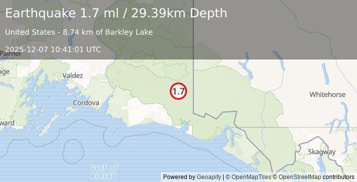 Earthquake 98 km SE of McCarthy, Alaska (1.7 ml) (2025-12-07 10:41:01 UTC)