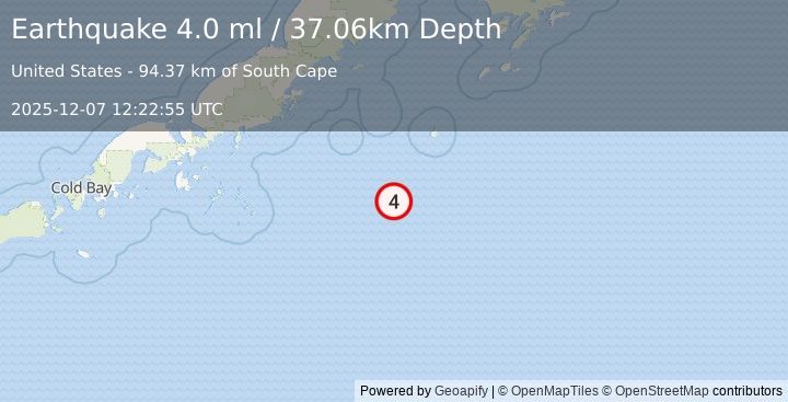 Earthquake 185 km SE of Chignik, Alaska (4.0 ml) (2025-12-07 12:22:55 UTC)