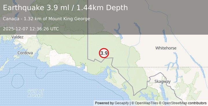 Earthquake 109 km N of Yakutat, Alaska (3.9 ml) (2025-12-07 12:36:26 UTC)