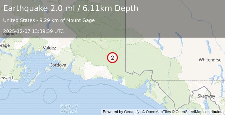 Earthquake 89 km SE of McCarthy, Alaska (2.0 ml) (2025-12-07 13:39:39 UTC)