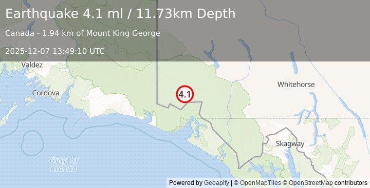 Earthquake 108 km N of Yakutat, Alaska (4.1 ml) (2025-12-07 13:49:10 UTC)