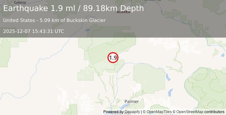 Earthquake 62 km NNE of Petersville, Alaska (1.9 ml) (2025-12-07 15:43:31 UTC)