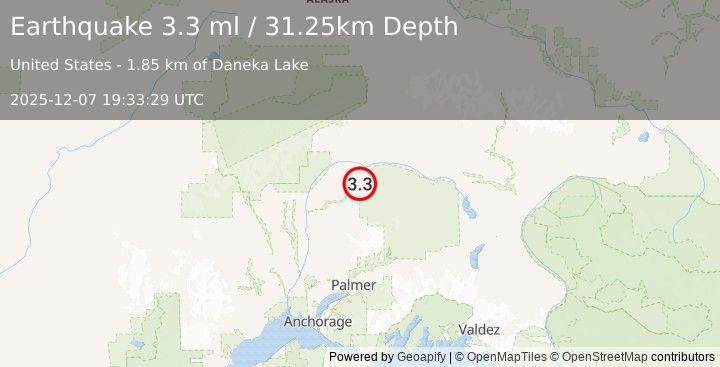 Earthquake 63 km ENE of Chase, Alaska (3.4 ml) (2025-12-07 19:33:30 UTC)