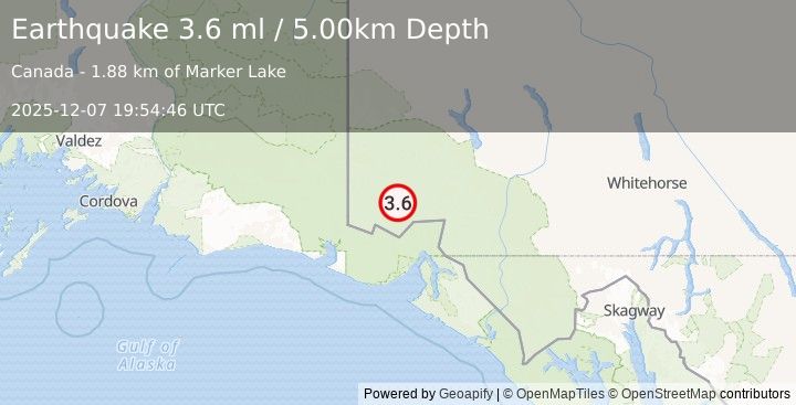 Earthquake 110 km N of Yakutat, Alaska (3.6 ml) (2025-12-07 19:54:46 UTC)