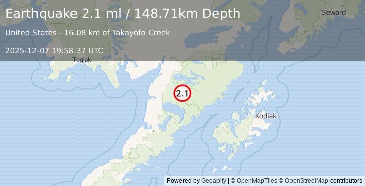 Earthquake 56 km SE of King Salmon, Alaska (2.1 ml) (2025-12-07 19:58:37 UTC)