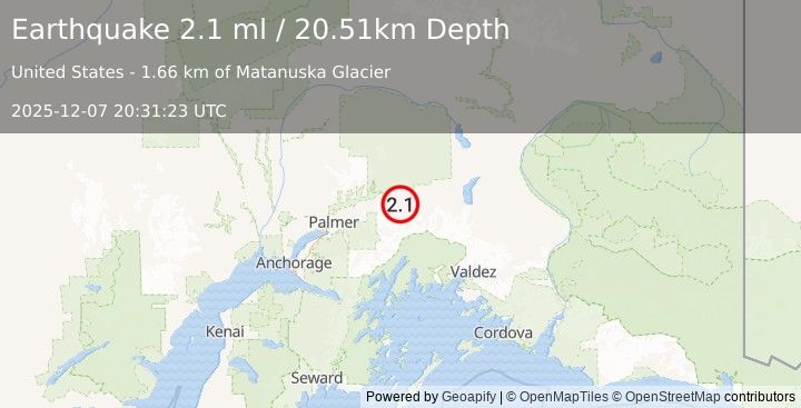 Earthquake 8 km WSW of Glacier View, Alaska (2.1 ml) (2025-12-07 20:31:23 UTC)