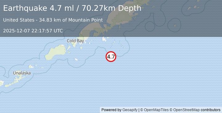 Earthquake 89 km SSE of Sand Point, Alaska (4.7 ml) (2025-12-07 22:17:57 UTC)