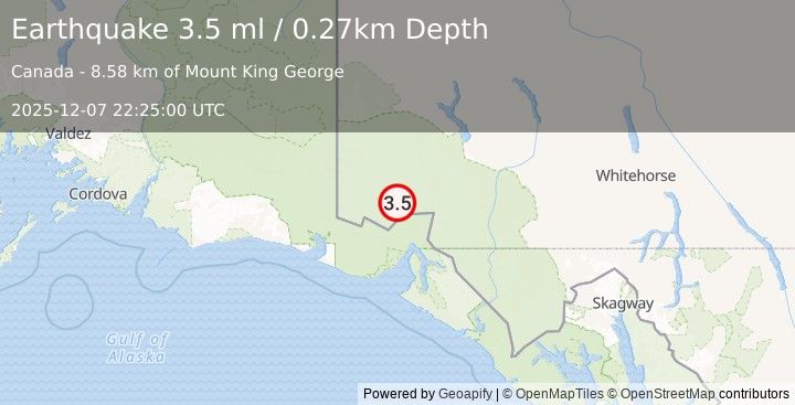 Earthquake 101 km N of Yakutat, Alaska (3.5 ml) (2025-12-07 22:25:00 UTC)