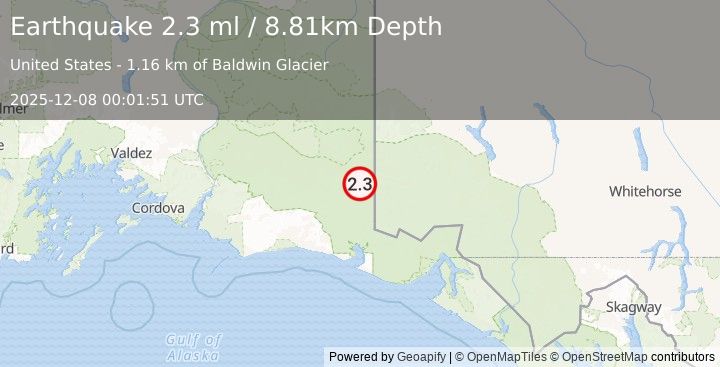 Earthquake 111 km SE of McCarthy, Alaska (2.3 ml) (2025-12-08 00:01:51 UTC)
