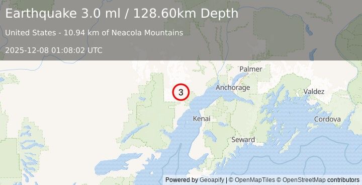 Earthquake 55 km W of Tyonek, Alaska (3.0 ml) (2025-12-08 01:08:02 UTC)