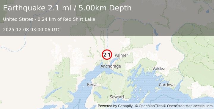 Earthquake 15 km SSW of Willow, Alaska (2.1 ml) (2025-12-08 03:00:06 UTC)
