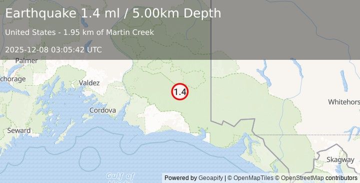 Earthquake 62 km SSE of McCarthy, Alaska (1.4 ml) (2025-12-08 03:05:42 UTC)
