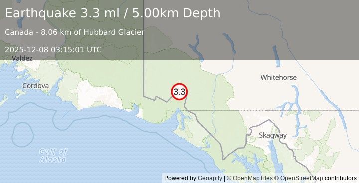 Earthquake 98 km N of Yakutat, Alaska (3.3 ml) (2025-12-08 03:15:01 UTC)