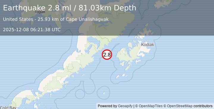 Earthquake 60 km WSW of Karluk, Alaska (2.8 ml) (2025-12-08 06:21:38 UTC)