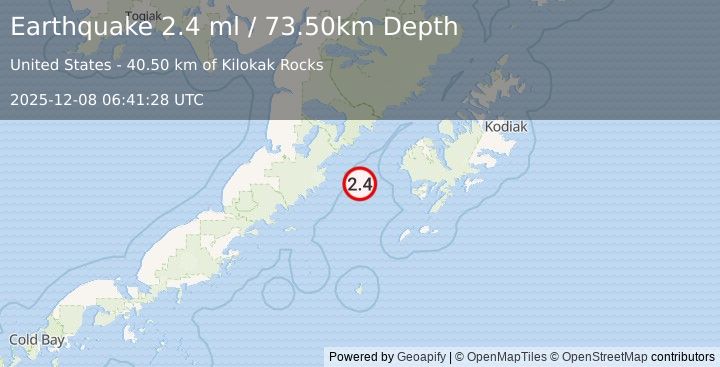 Earthquake 86 km SW of Karluk, Alaska (2.4 ml) (2025-12-08 06:41:28 UTC)