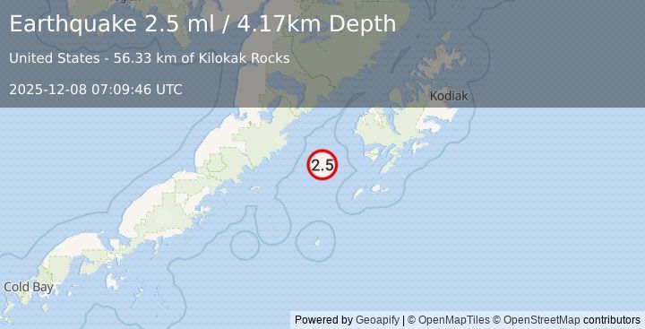 Earthquake 81 km W of Akhiok, Alaska (2.5 ml) (2025-12-08 07:09:46 UTC)