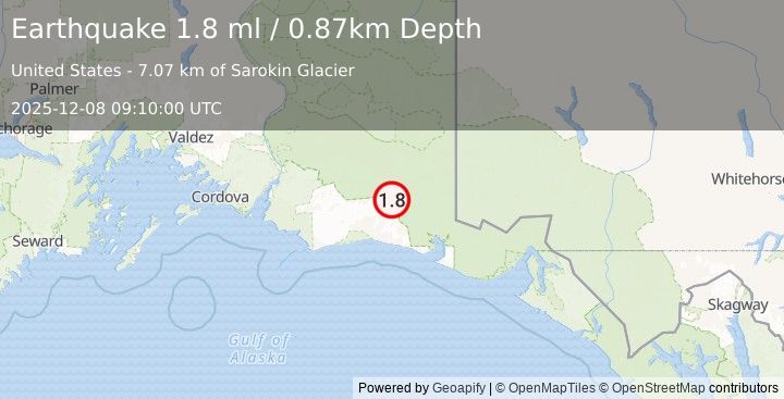 Earthquake 108 km SSE of McCarthy, Alaska (1.8 ml) (2025-12-08 09:10:00 UTC)