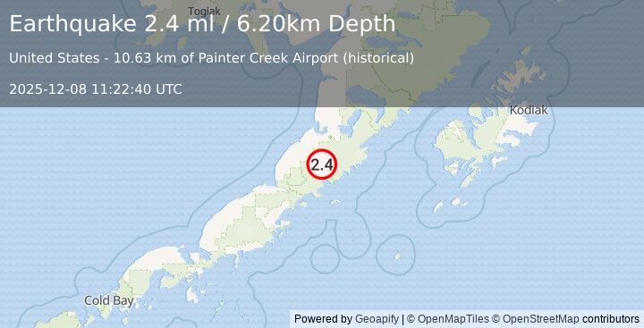 Earthquake 49 km S of Ugashik, Alaska (2.4 ml) (2025-12-08 11:22:40 UTC)