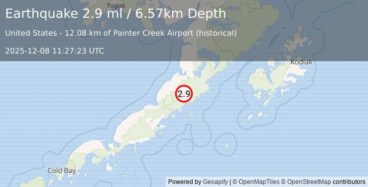 Earthquake 51 km S of Ugashik, Alaska (2.9 ml) (2025-12-08 11:27:23 UTC)