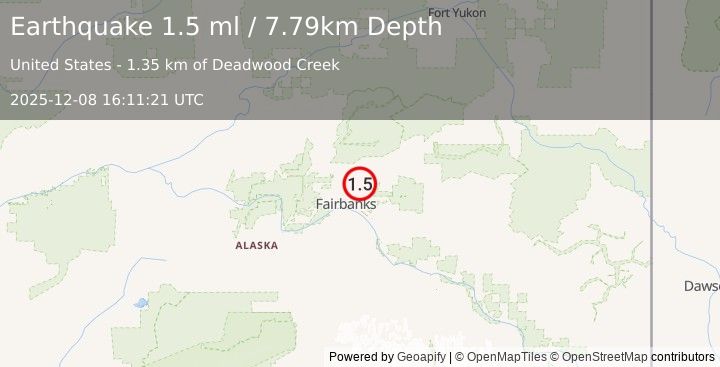 Earthquake 12 km NE of Fox, Alaska (1.5 ml) (2025-12-08 16:11:21 UTC)