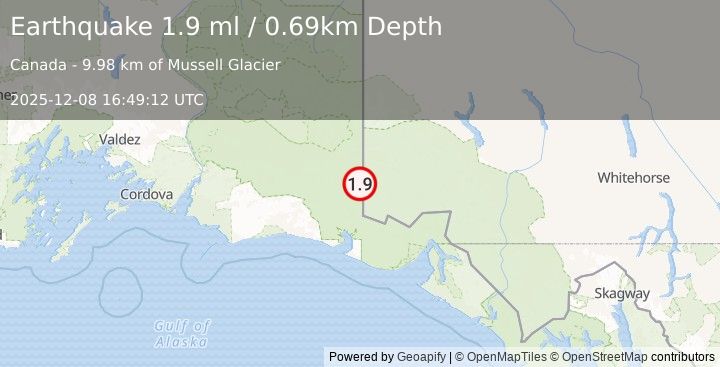Earthquake 132 km SE of McCarthy, Alaska (1.9 ml) (2025-12-08 16:49:12 UTC)
