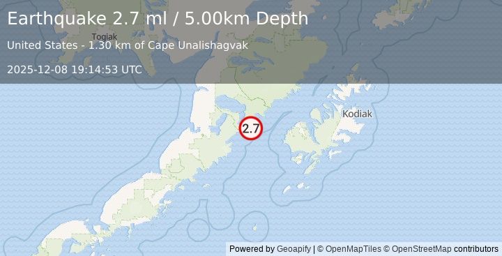 Earthquake 77 km W of Karluk, Alaska (2.7 ml) (2025-12-08 19:14:53 UTC)