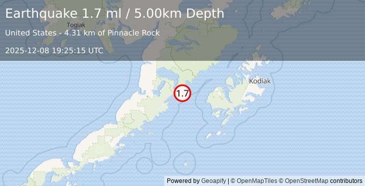 Earthquake 78 km W of Karluk, Alaska (1.7 ml) (2025-12-08 19:25:15 UTC)