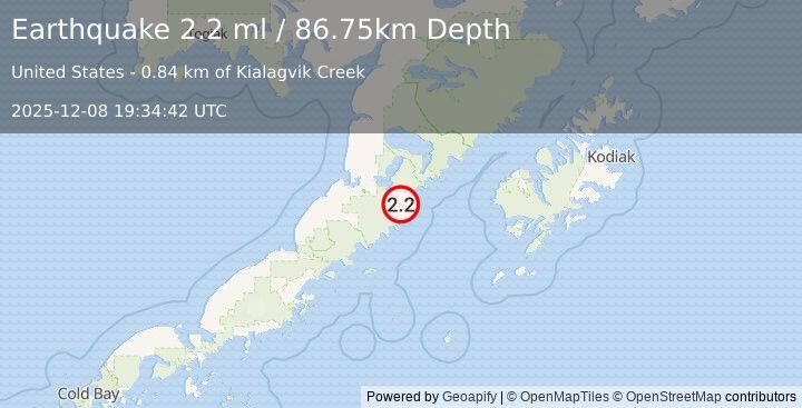 Earthquake 57 km ESE of Ugashik, Alaska (2.2 ml) (2025-12-08 19:34:42 UTC)