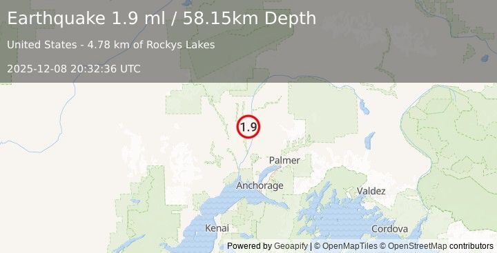 Earthquake 22 km WSW of Susitna North, Alaska (1.9 ml) (2025-12-08 20:32:36 UTC)