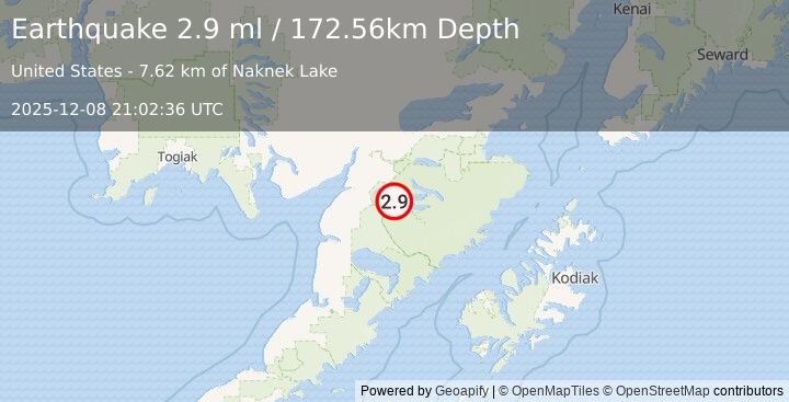Earthquake 38 km ESE of King Salmon, Alaska (2.9 ml) (2025-12-08 21:02:36 UTC)